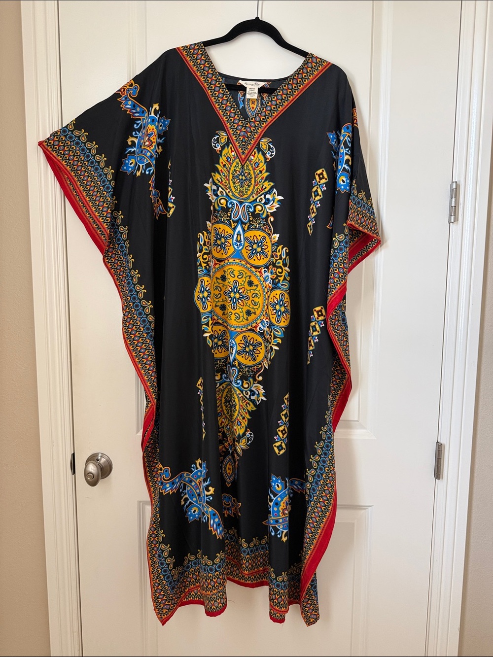Bohemian Black Caftan Dress with Gold & Blue Medallion Print